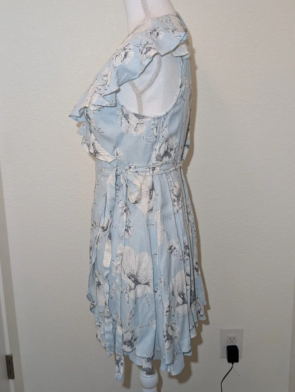 Free People Light Blue Floral French Quarter Mini Wrap Dress